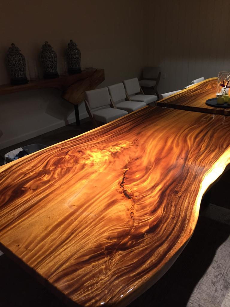 Single-slab monkeypod dining table with chrysocolla inlay, built to order.