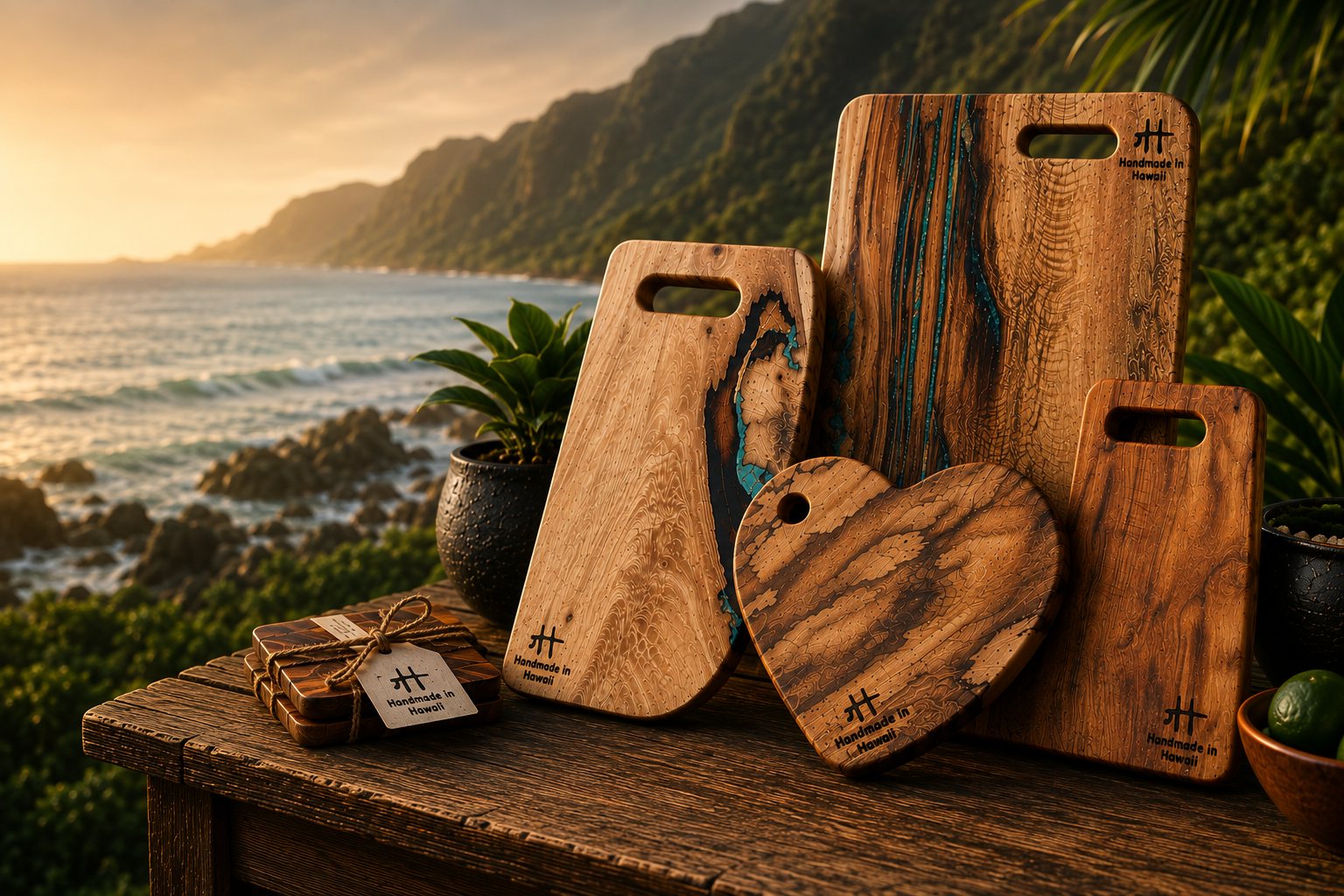 Foundwood cutting boards with turquoise inlay on a weathered table above the O'ahu coast at golden hour.