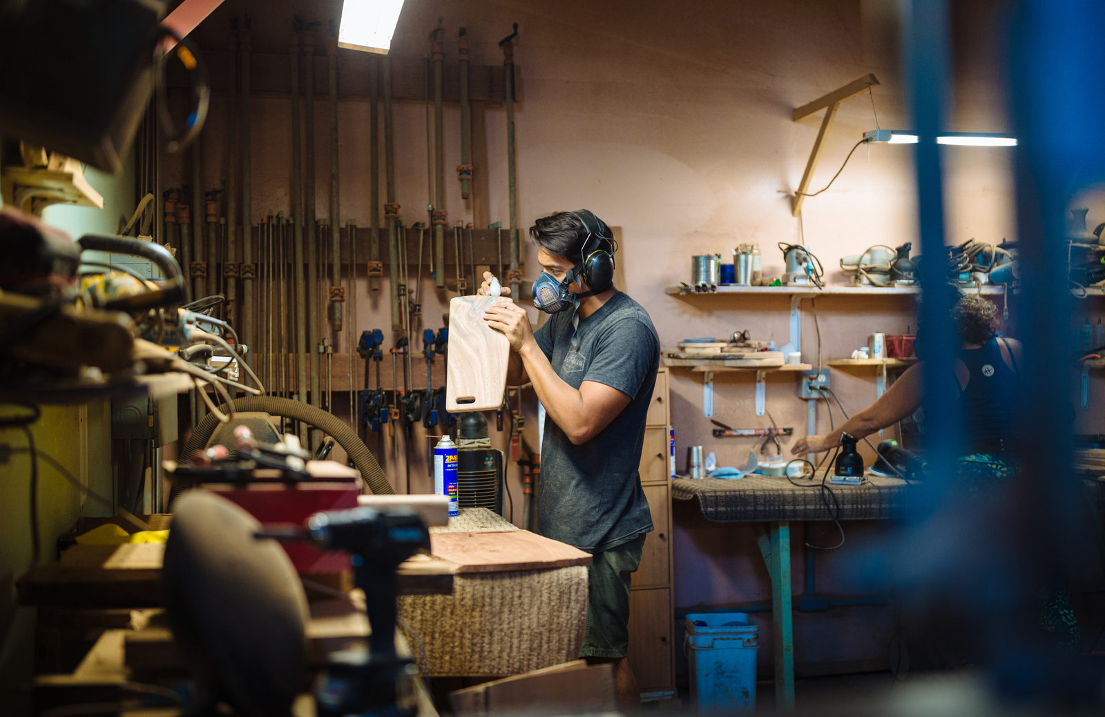 At the workbench in the Foundwood shop, Hale'iwa.