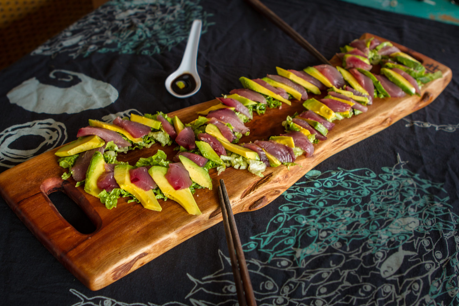 Sushi served on a finished live-edge board: made to be used.